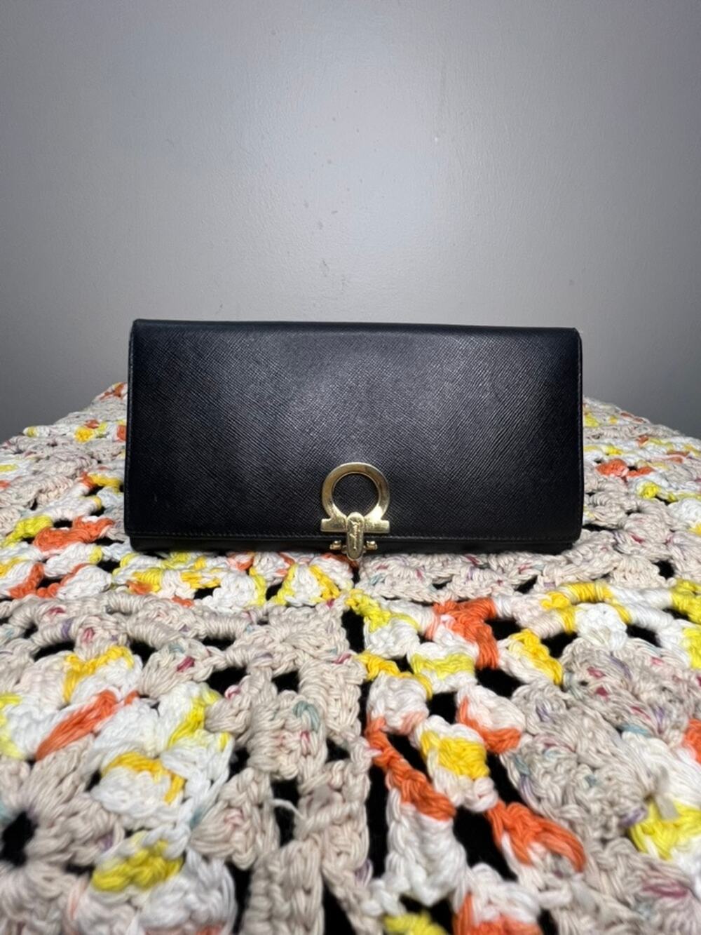 Salvatore Ferragamo Black Saffiano Leather Gancini Continental Wallet Italy